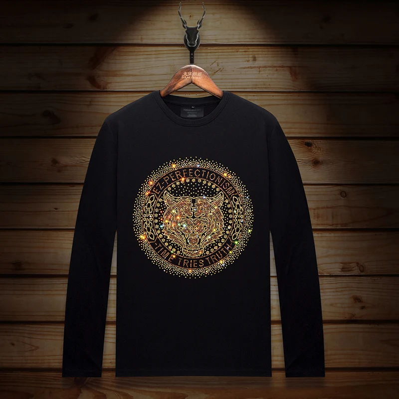 

Plus Size High Quality Tiger Rhinestones T Shirt Men Clothing Fashion Trend O Neck Long Sleeve Slim Casual Mens Animal T-shirts