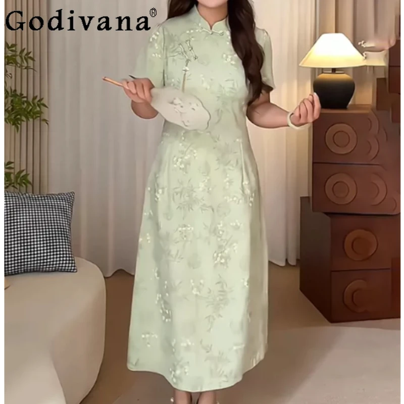 

Summer Temperament Plus Size Girl Chinese Cheongsam Dress Fashion High Waist A-line Elegant Stand-up Collar Short Sleeve Dresses
