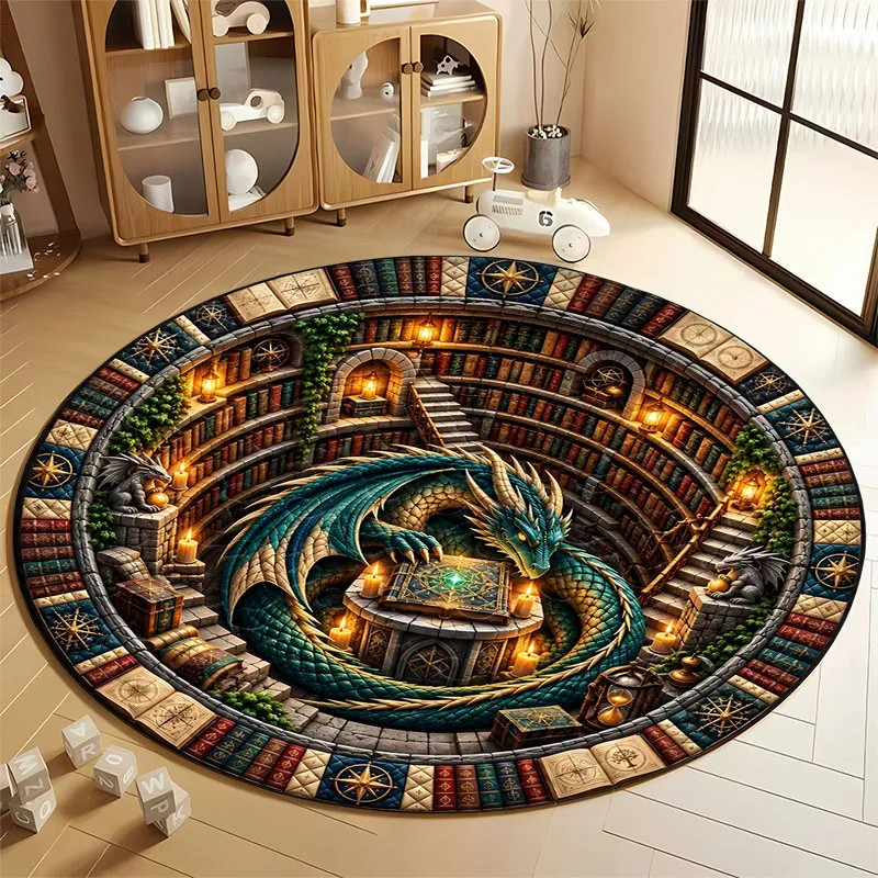 3D Illusion Round Rug, Fantasy Dragon Library Tunnel Print Mat, Vintage Magic Pattern Carpet for Bedroom Study Room Decor Gift