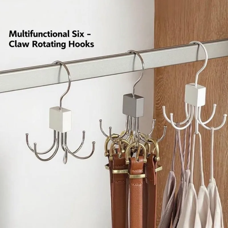Six-Claws Hook Metal 360° Rotating Storage Hanger Hook Belts Rack Wooden Organizer for Bras Ties Scarves Household Closet