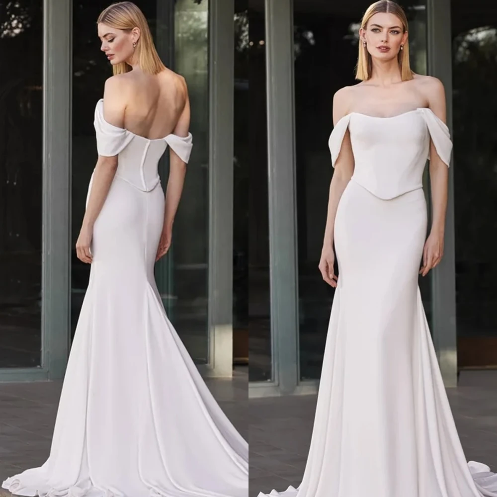 맞춤형 현대 화이트 새틴 웨딩 드레스 기질 Strapless 오프 어깨 짧은 소매 채플 트레인 신부 가운