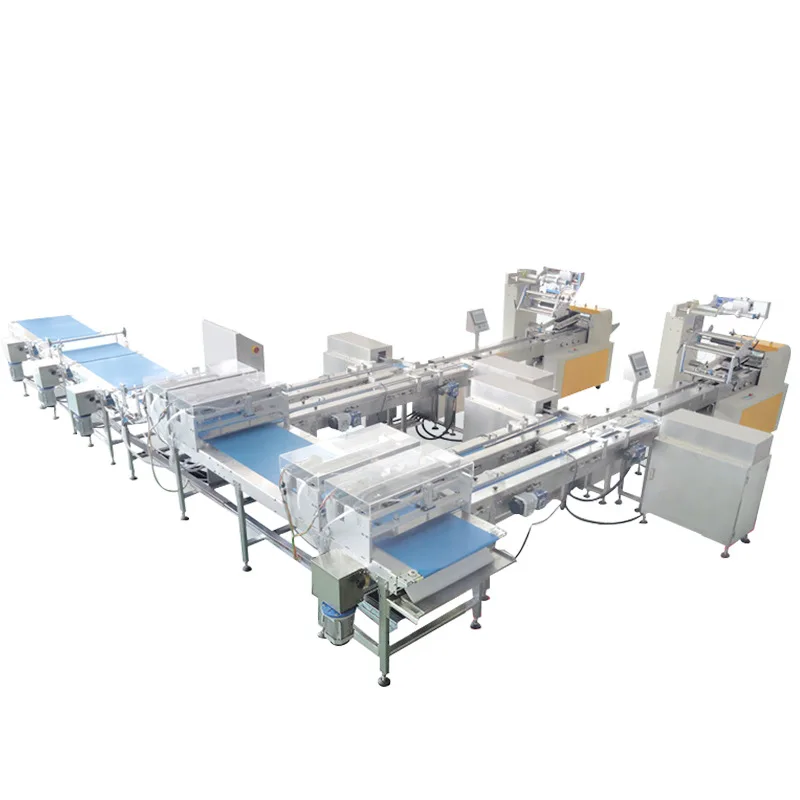 Automatic bread and pastry packing line packaging machine, biscuit candy one-to-two automatic pillow food packaging line