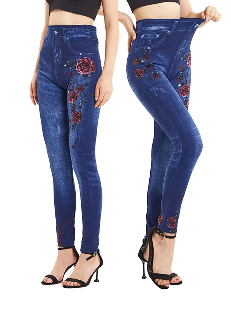 LJCUIYAO New High Waist Seamless False Jeans Floral Print Push Up Leggings Elastic Faux Denim Pencil Pants Women Jeggings S-3XL