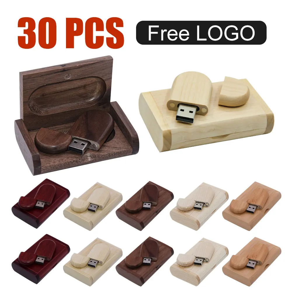 30PCS/Lot Free Custom LOGO Wooden Box USB 2.0 Flash Drive 16G 32G 64GB High Speed Pen Drives Photography Gifts Memory Stick