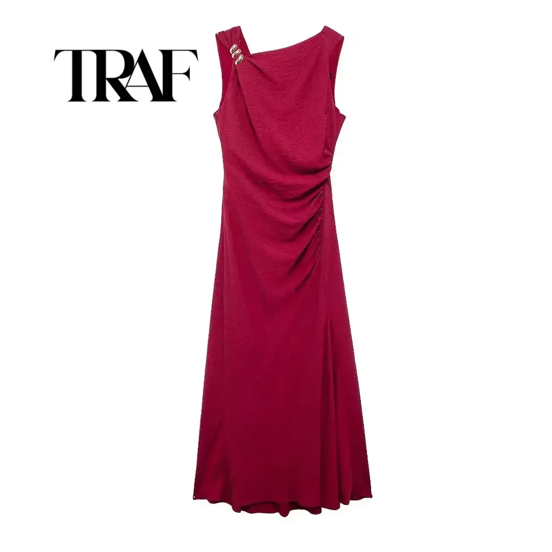 TRAF Ruched Sling Long Dresses for Women 2024 Summer Sleeveless Backless Sexy Midi Dress Woman Evening Party Dresses