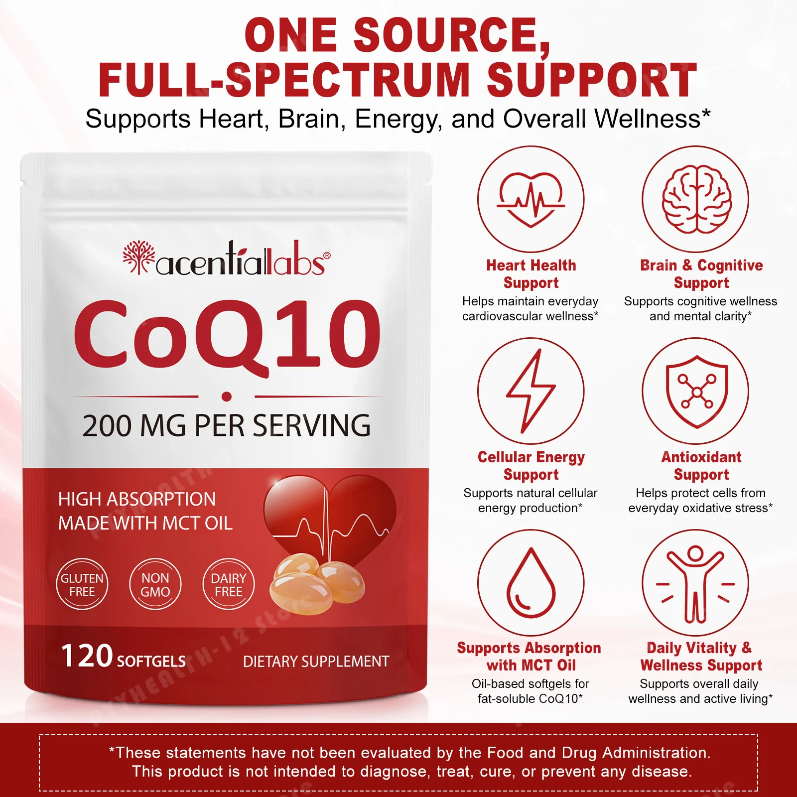 CoQ10 Softgels with MCT Oil for Heart Health, Cellular Energy Antioxidant Support, Absorption Ubiquinone Supplement,120 Count