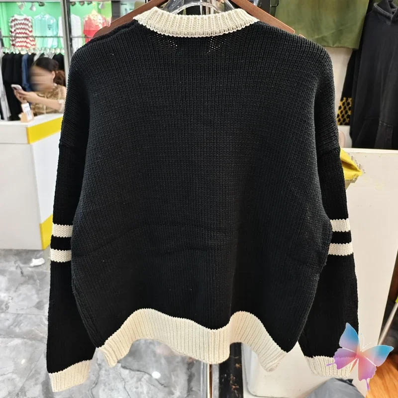 Real photos Black White Color Collision Coarse Thread Knitting ERD Sweaters Jacquard Portrait Round Neck Pullover Men Women