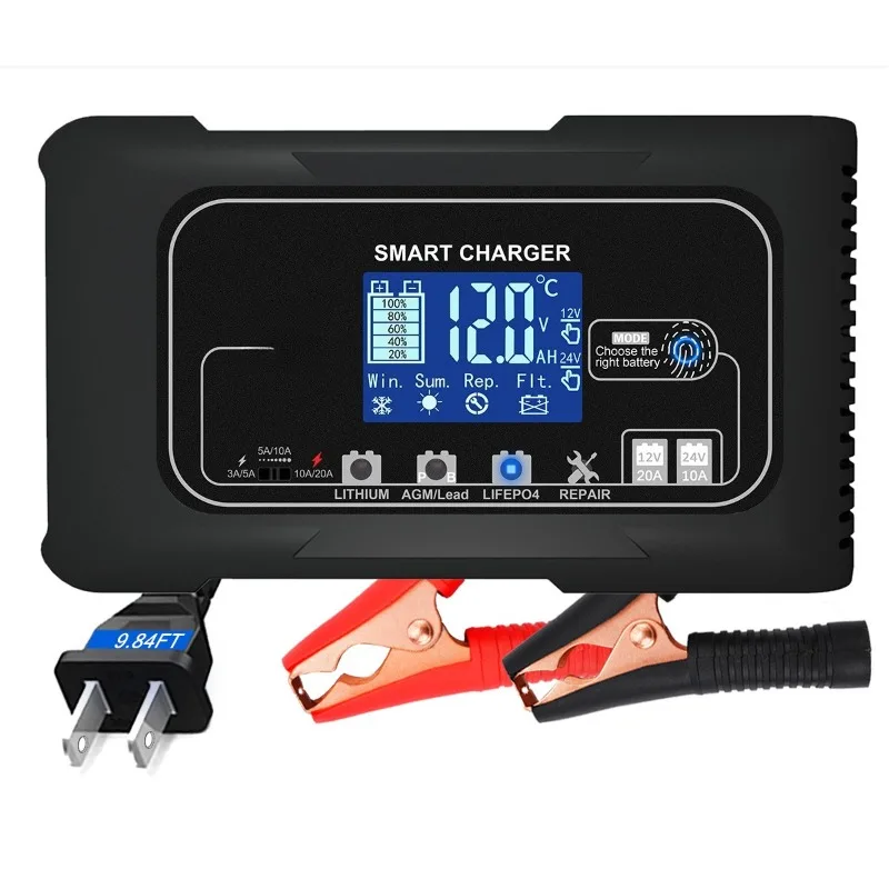 

Car Battery Charger Power Puls Repair Chargers Wet Dry Lead Acid Car Battery Charger Digital LCD Display Full Automatic 12V 24V