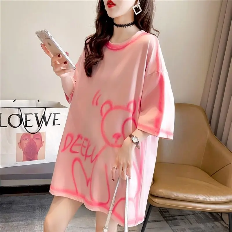 Casual Large Size T Shirt Women Loose Short-sleeved T-shirt Summer New Loose All-match Mid-length Top Womens Kawaii Clothes 2024