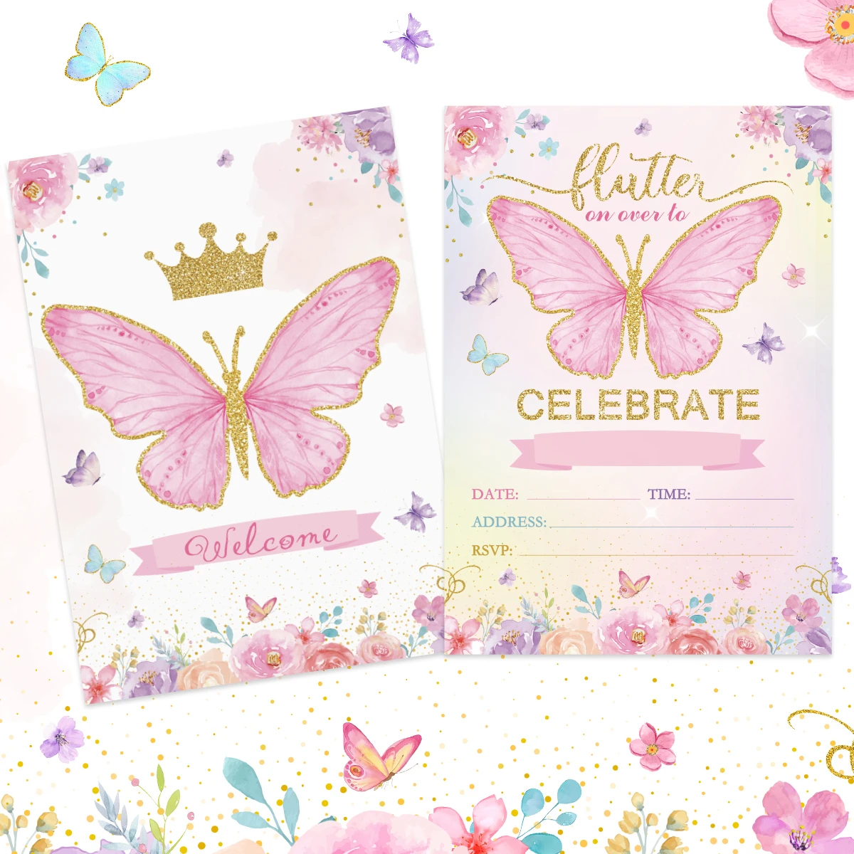 12pcs Paper Invitations Cards For Butterfly Birthday Party Decorations Kids one 1st Birthday Baby Shower Party Supplies Gifts