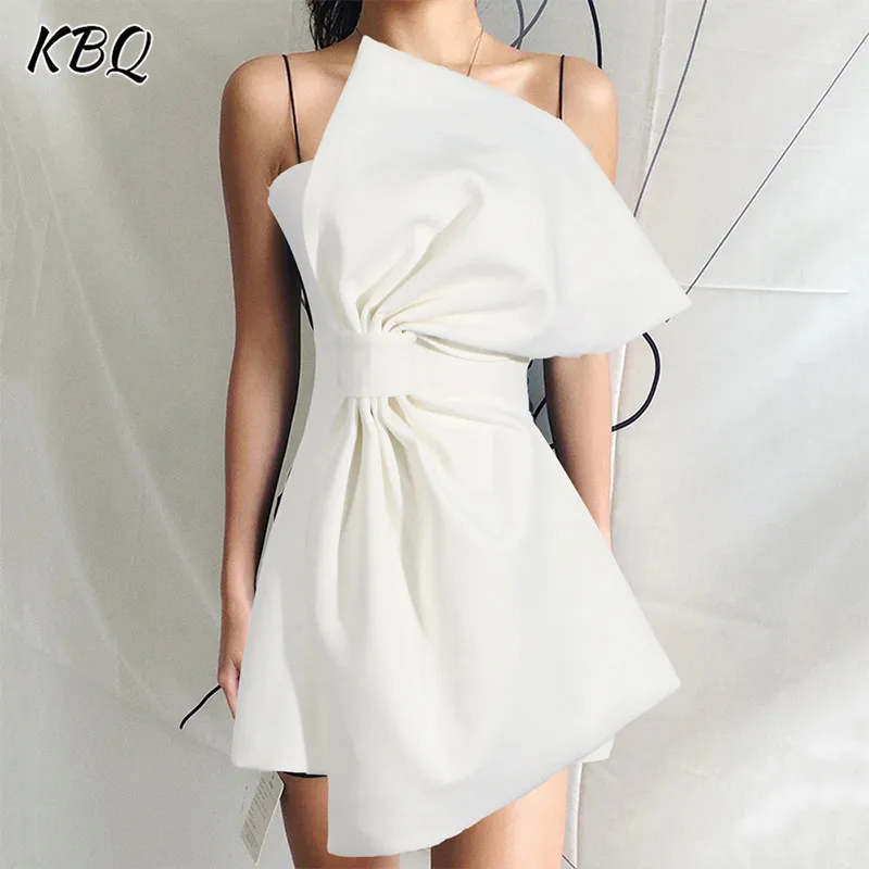 

KBQ Solid Spliced Bowknot Designer Dresses For Women Slash Neck Sleeveless High Waist Patchwork Zipper Dress Female Fashion New