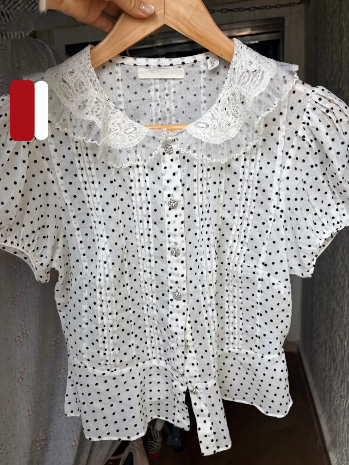 

Sweet Style Polka Dot Bubble Sleeve Diamond Button Lace Collar Shirt Women's Cotton Short Sleeve Doll Collar Spring Summer
