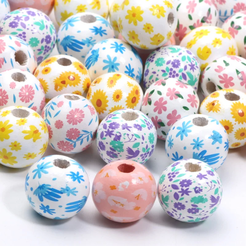 Multicolor Flower Pattern 16mm 10pcs Wooden Round Balls Spacer Beads For Jewelry Making DIY Handmade Decoration Pen Accessories