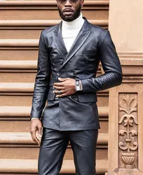 Blazer e calças de couro PU masculino, terno de lapela de trespassado duplo, ajuste fino, blazer empresarial, roupas de homens negros, 2 peças