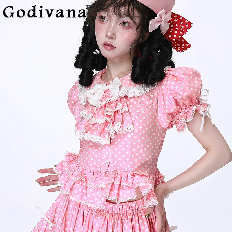 

Japanese Original Lolita Retro Pink Polka Dot Puff Sleeve Skirt Top Sweet Cute Kawaii Girl Lace Bow Blouse and Skirt Set