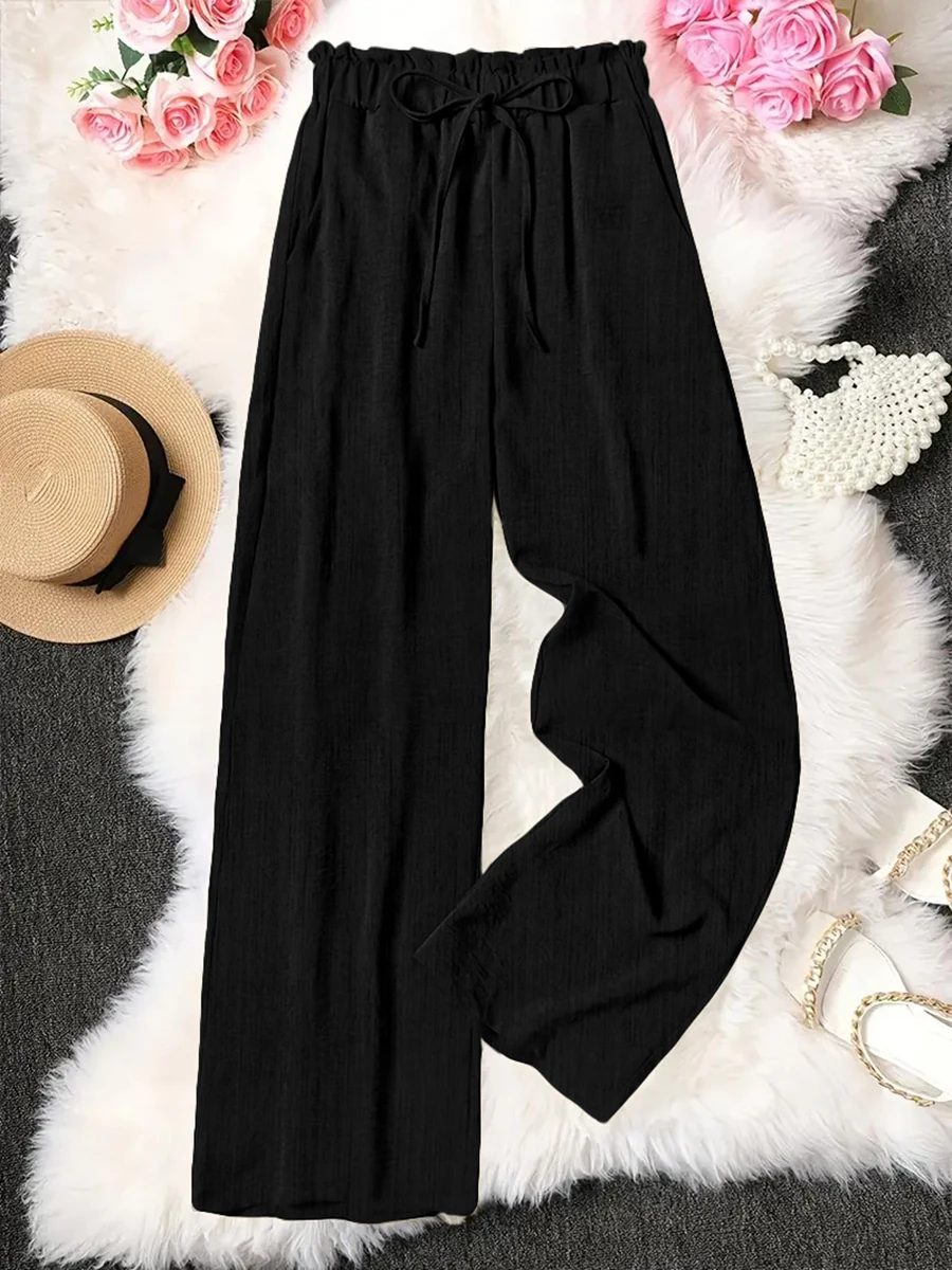 Herbst Winter Damen Hose mit Hoher Taille und Geradem Bein Lässige Weite Hose mit Kordelzug Elastischer Bund und Taschen Einfarbig – Detail 3