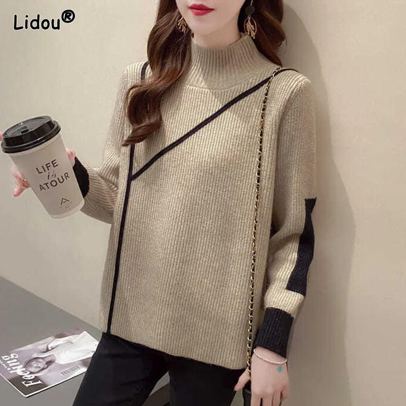 

Winter Turtleneck Fashion Loose Solid Color Striped Long Sleeved Knitting T-shirts Casual Korean Comfortable Women's Clothing