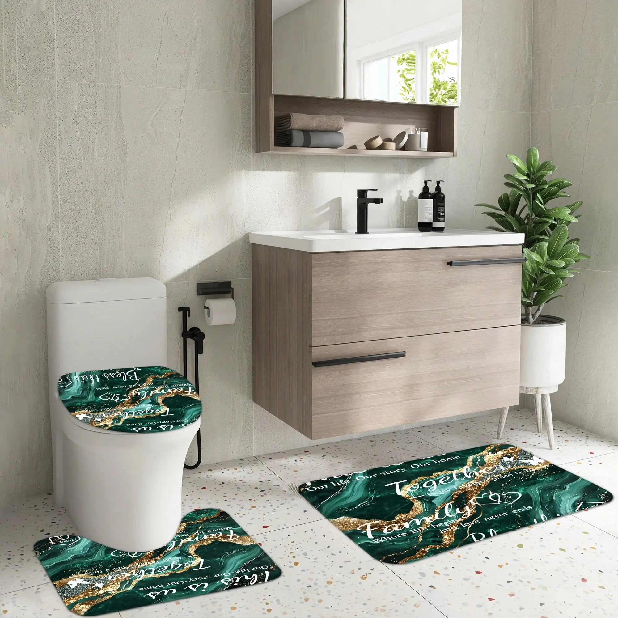 [Luxury Marble Bathroom Set] 4pcs Family Shower Curtain Set, Luxury Marble Bathroom Sets Full Set, Golden Green Shower Curtain with, Includes 12 Hooks, Toilet Lid Cover, Non-Slip U-Shaped, Decorative Bath Curtain for Home - view 6