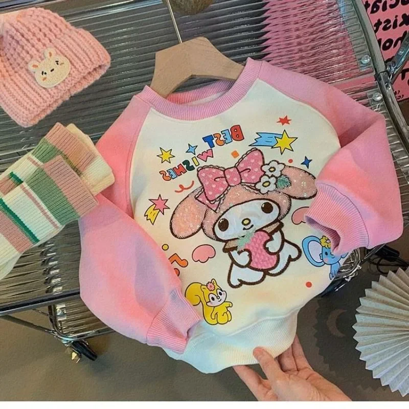 Hoodie de lã de manga comprida infantil, camisa Kawaii doce, roupas fofas, presentes lindos para crianças, Sanrio Ins My Melody Plus