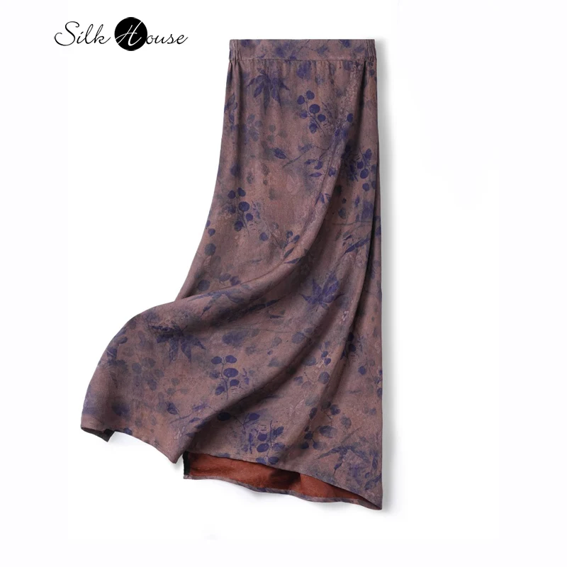 

100% Natural Mulberry Silk Fragrant Cloud Yarn Jacquard Twisted Silk National Style Printed Slit One-step Women's Skirt