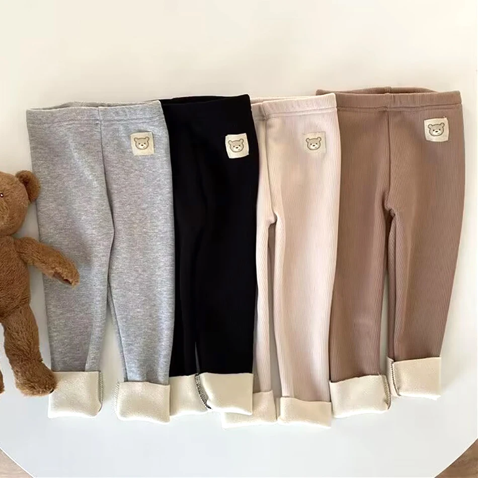 Cozy Kids One-Piece Fleece-Lined Bottoms for Boy and Girl Cartoon Bear Casual Pants Capris Perfect for Autumn and Winter Warmth