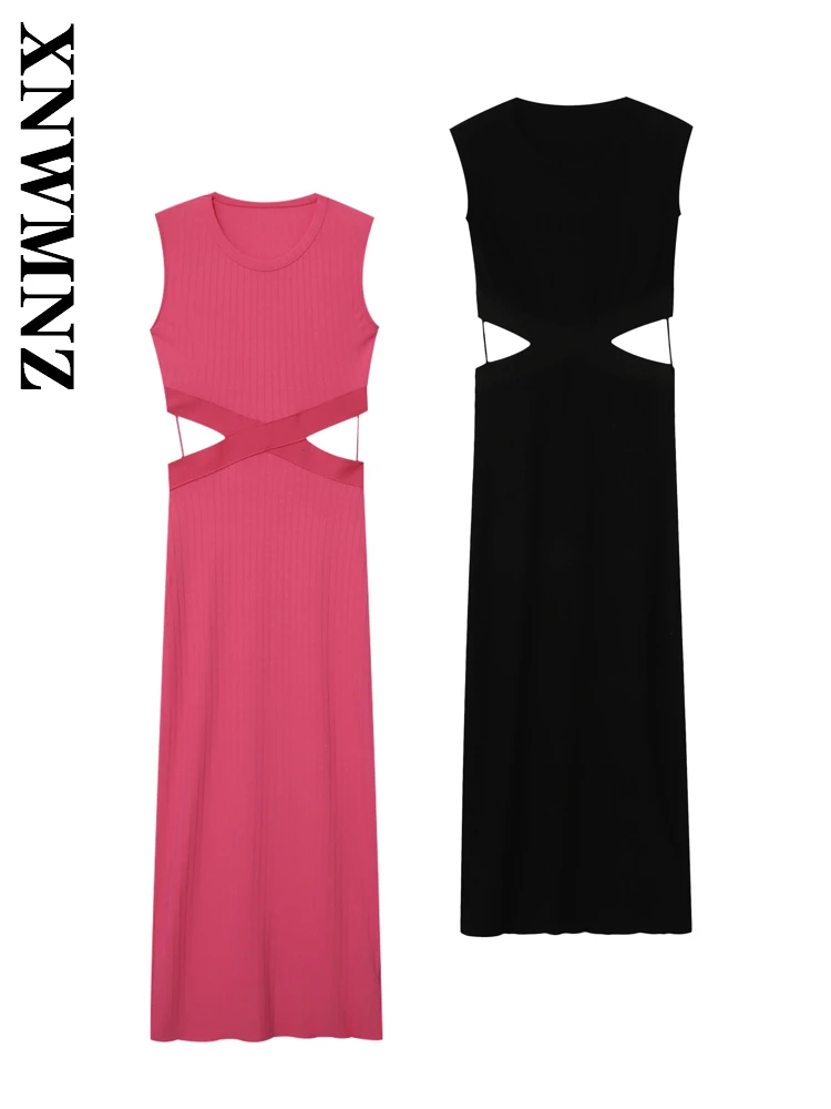 XNWMNZ 2025 Summer New Women Clothing club Chic O-Collar Sleeveless Splicing Dresses Fashion Woman Dress Party Midi long