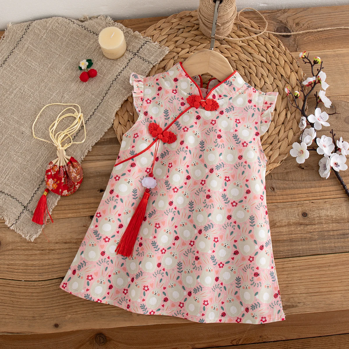 0-2 Years Baby Girl Summer Red Dress Button Tassel Cartoon Rabbit Pattern Sleeveless Cheongsam Girls Festival Party Costume