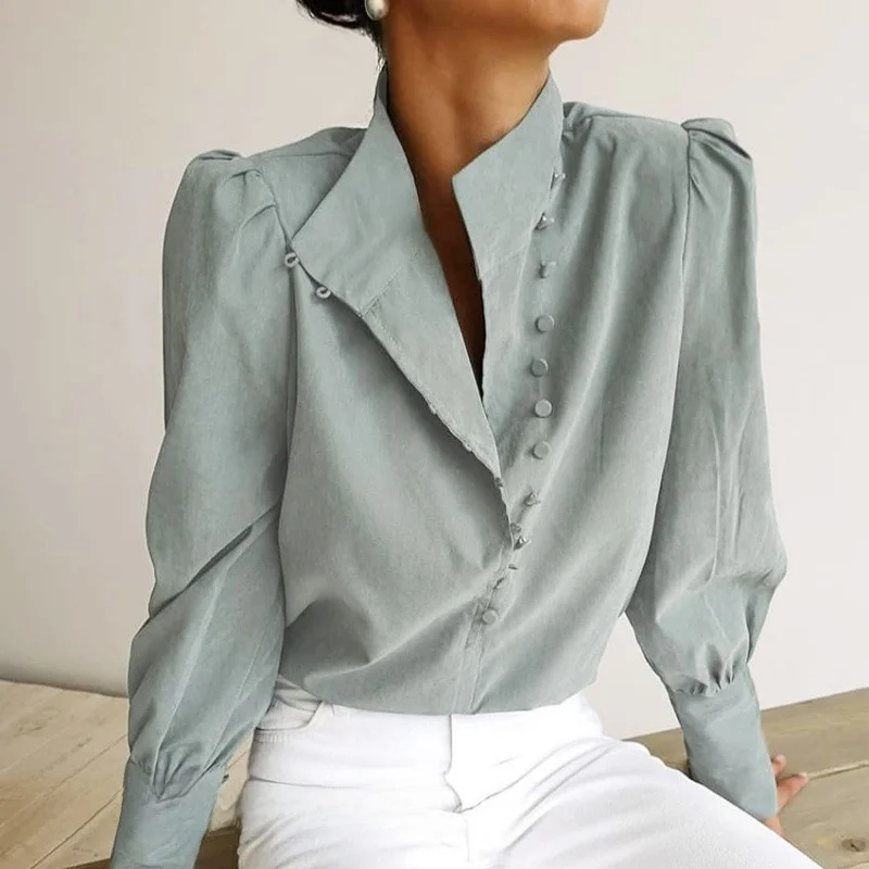 

European And American New Casual Faion Stand Collar irt Long Sve Pure Color Commute Sle Women's Premium irt