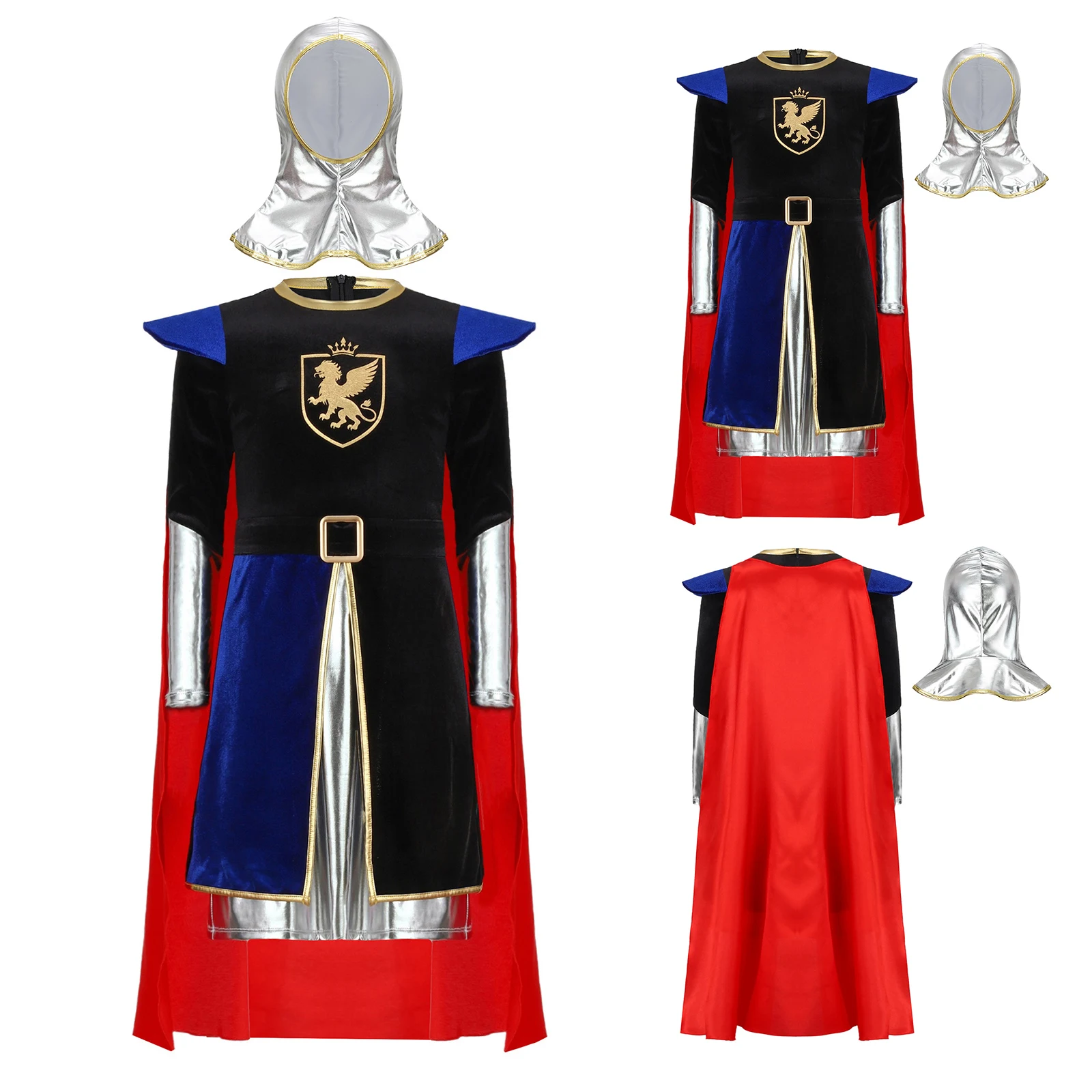 Детский костюм рыцаря на Хэллоуин для мальчиков, блестящий лоскутный топ, металлический глянцевый цветной блок, съемная накидка с длинными рукавами и воротником-стойкой