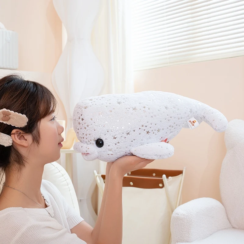 Glitter Star White Beluga Whale Plush Toy, 2 Sizes Cute Sparkly Dolphin Stuffed Doll, Soft Fluffy Sea Animal Plush Pillow Gift.