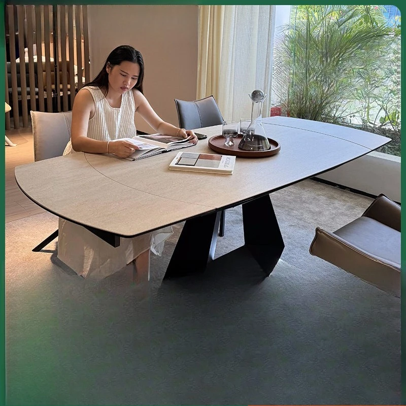 retro retractable carbon steel imported from Italy Calais cave stone rock slab dining table and chair combinatio