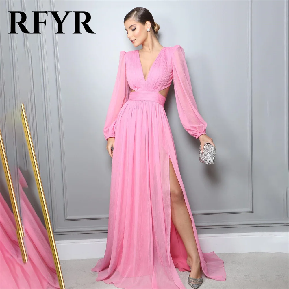 RFYR V Neck Pink Blush Long Party Dress Chiffion Vintage Night Dress Long Sleeves V Neck Celebrity Dress vestidos de fiesta