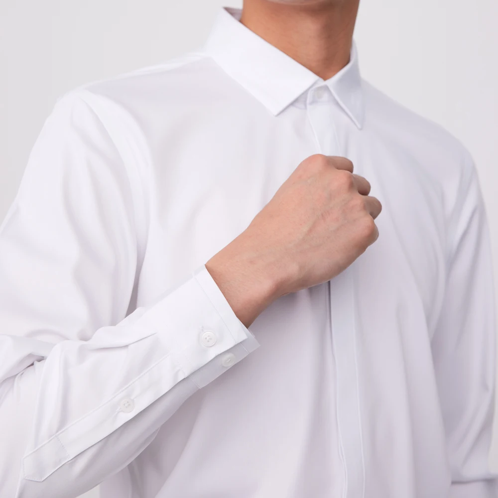 

Мужские эластичные повседневные модные классические рубашки с длинными рукавами и потайными пуговицами, всесезонная мужская рубашка обычного кроя на пуговицах