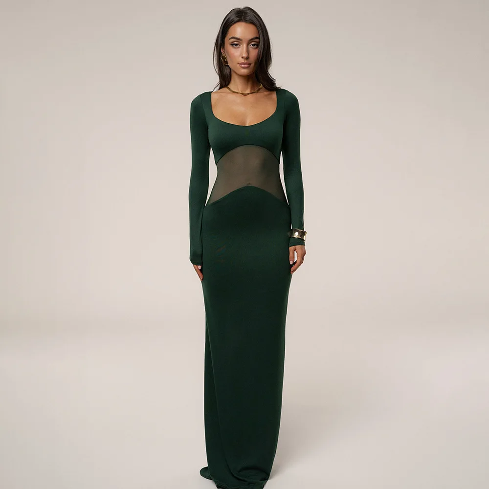 Apprabant Sexy Mesh Sheer Patchwork Maxi Jurk Vrouwen Effen Kleur Vierkante Hals Strakke Fit Elegante Jurk 2025, Herfst Winter Partywear