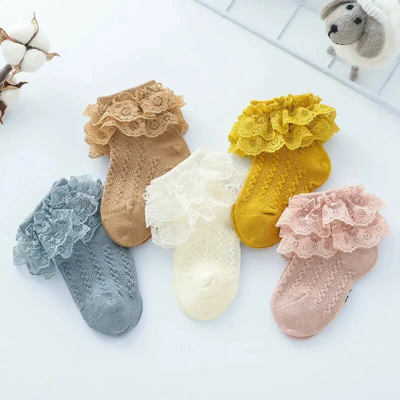 5 pairs of baby cotton socks, children's girls' solid color lace and lace socks, princess style short socks