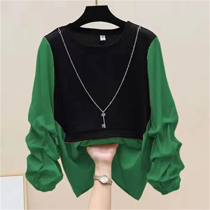 New 2025 Fake two Items Shirt For WOMEN Korean Edition Spring Autumn Spliced Long Sleeved Shirt Casual Ladies Blouse Top Shirt