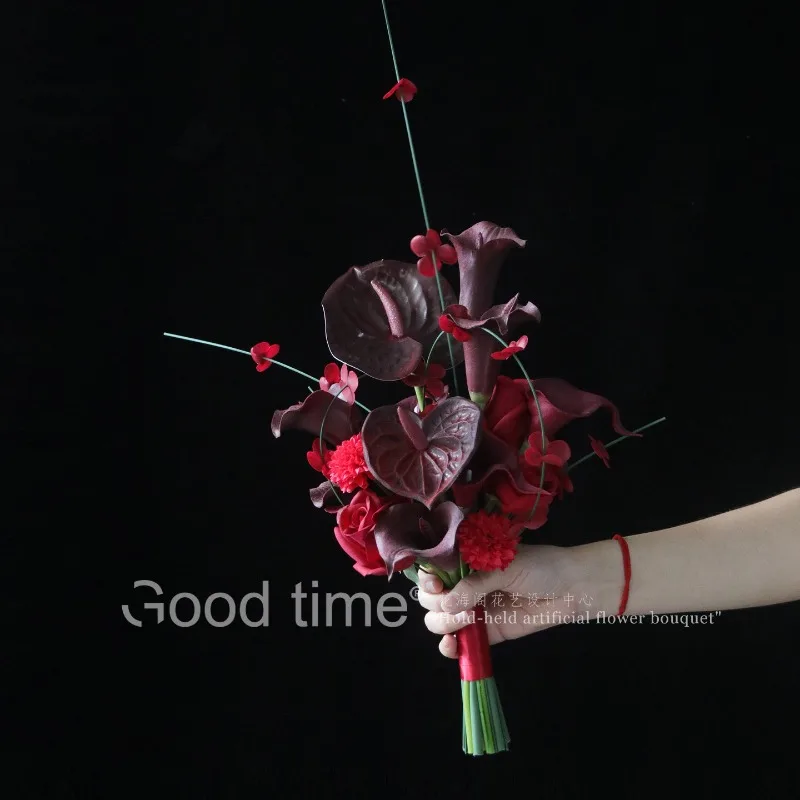 Burgundy simulated bouquet calla lily rose bouquet Chinese wedding photography home decoration ornament fake flower