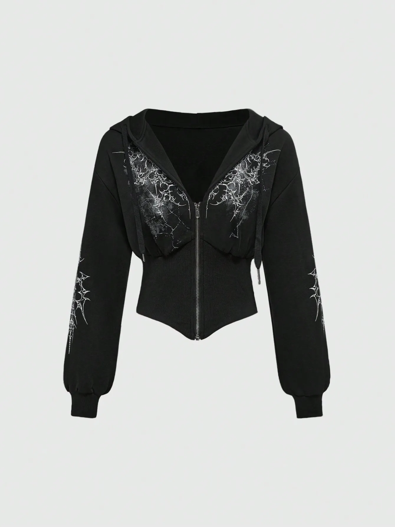 

Черная укороченная толстовка с готическим цветочным принтом и ребристым корсетным поясом