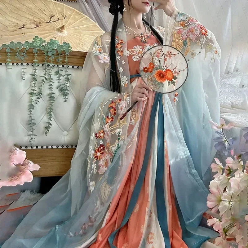 

Spring Summer Chinese Hanfu Women Traditional Hanfu Dance Fairy Costume Ancient Princess Delicate Embroidery Cosplay Dress Set