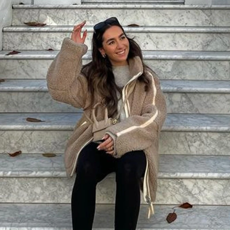 Jaqueta feminina estilo caxemira, ajuste solto, outono inverno, moda casual, zíper, casaco ao ar livre personalizado