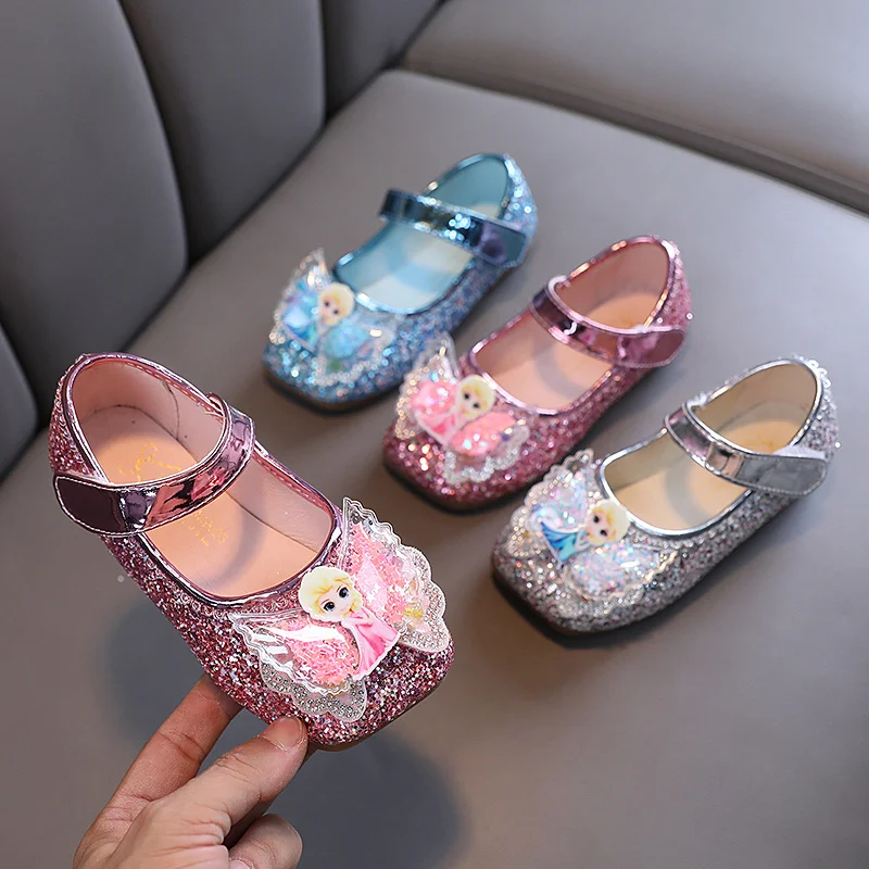 Disney Frozen Elsa Princess Designer Crystal Casual Flat Shoes for Kids Girls Bling Square Toe Baby Shoes Child Flats Sneakers