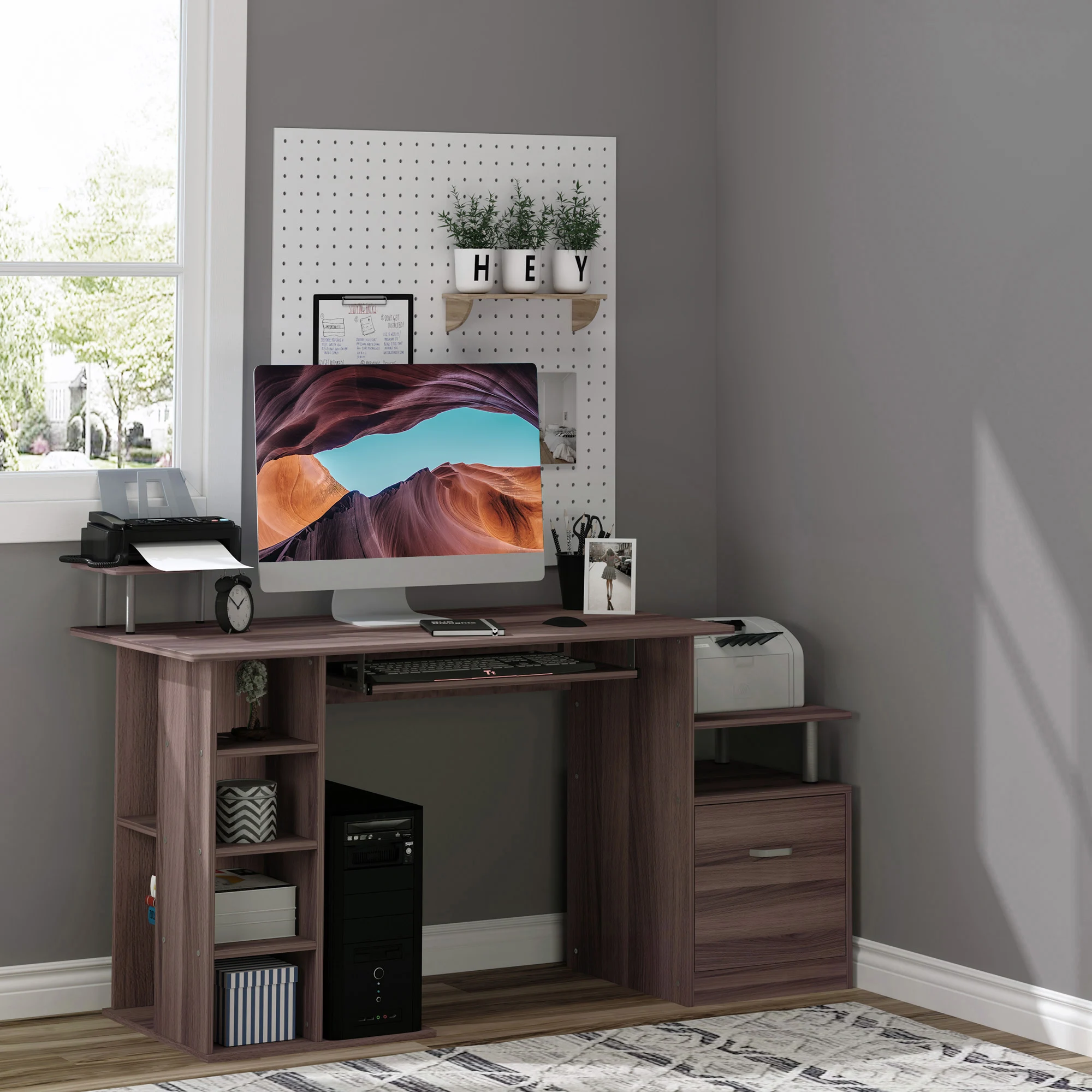 HOMCOM computer table 120cm with shelves keyboard tray and Brown stands