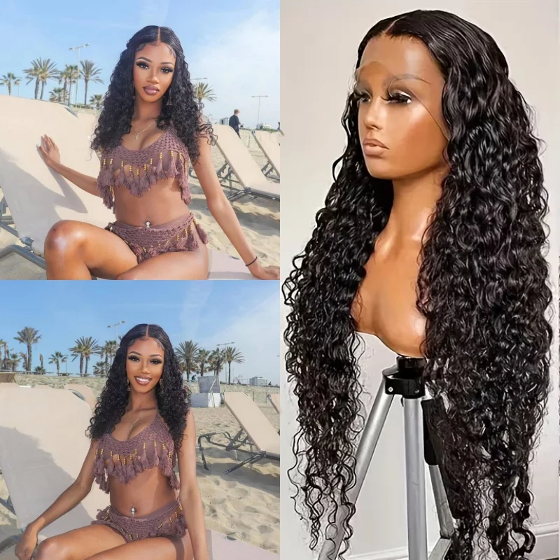 

Парик из натуральных бразильских волос Remy, плотность 180%, с кружевной передней частью 13x4, волна «вода», с эффектом «детских волос», натуральный черный, кудрявая волна