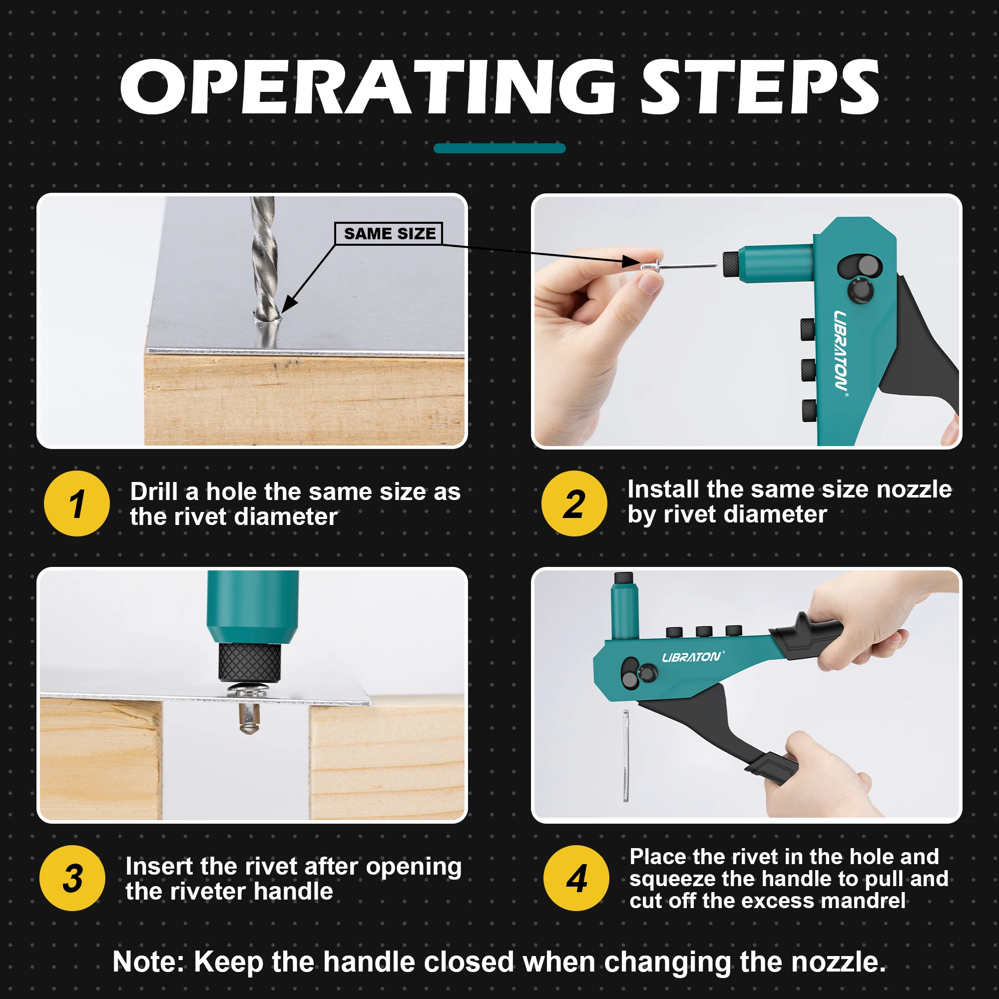 Libraton Rivet Gun Kit with 130 Blind Rivets, 4 HSS Drill Bits, 4 Tool-free Riveter Heads Heavy Duty Rivet Tool Hand Riveter