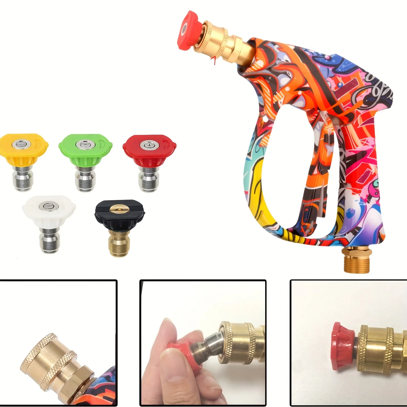 

2175PSI High Pressure Washer Gun with Graffiti Design, 5 Nozzles & M22-14/15 Thread - Car/Patio Cleaning