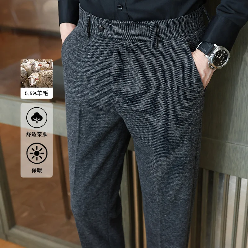 

Autumn Winter Thickened Suit Pants Men Casual Slim Fit Straight Trousers Formal Business Woolen Cloth Social Office Dress Pants