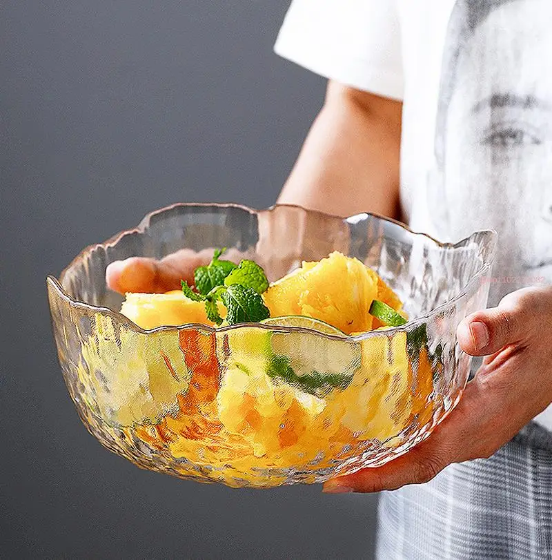 Embossed Glass Salad Bowl, Irregular Border Verrines Dessert Mixing Bowls, Rain Drop Design Cutter Bowl