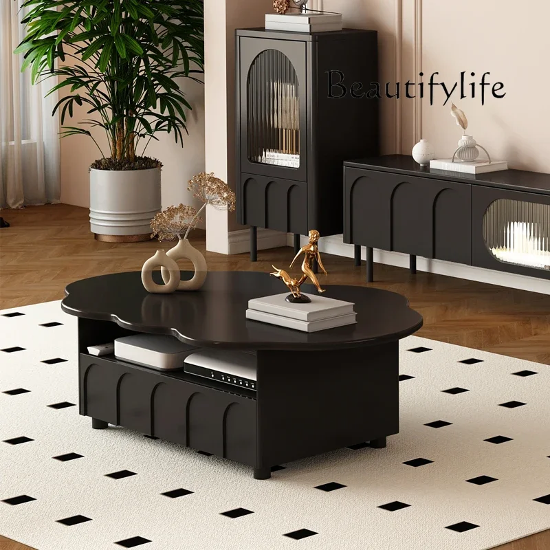 

Household French living room cloud coffee table small apartment black TV cabinet combination modern and simple