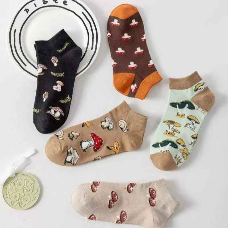 5 Paar Damensocken mit Ästhetischem Waldpilzmuster für Frühling und Sommer, Weiche und Atmungsaktive Knöchelsocken für Alle Jahreszeiten – Detail 3