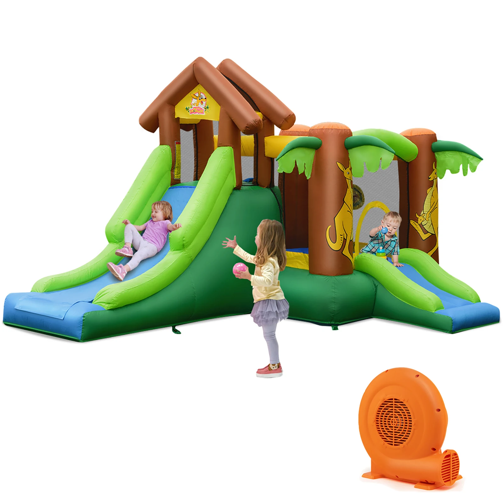 

Inflatable Jungle Bounce House Kids Dual Slide Jumping Castle with 680W Blower